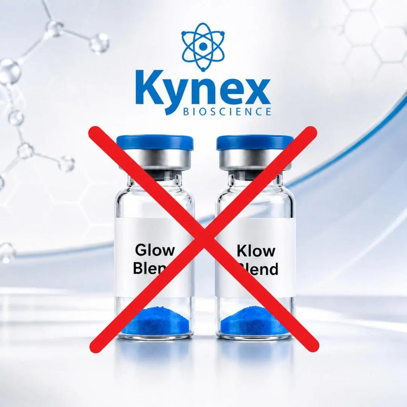 A Glow and a Klow blend peptide vial with a red cross through them with kynex bioscience logo at top of image