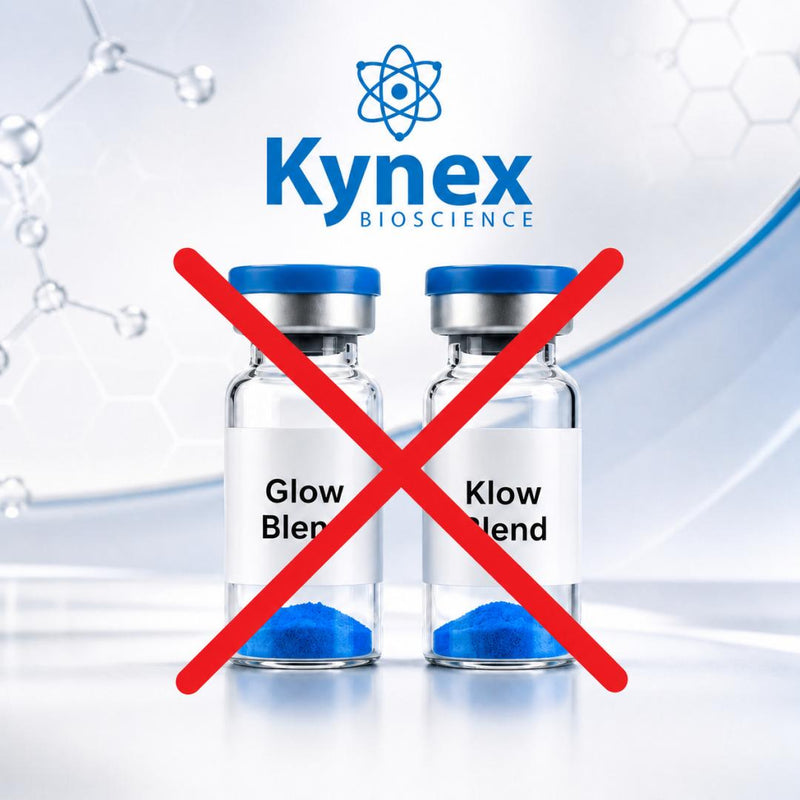 A Glow and a Klow blend peptide vial with a red cross through them with kynex bioscience logo at top of image