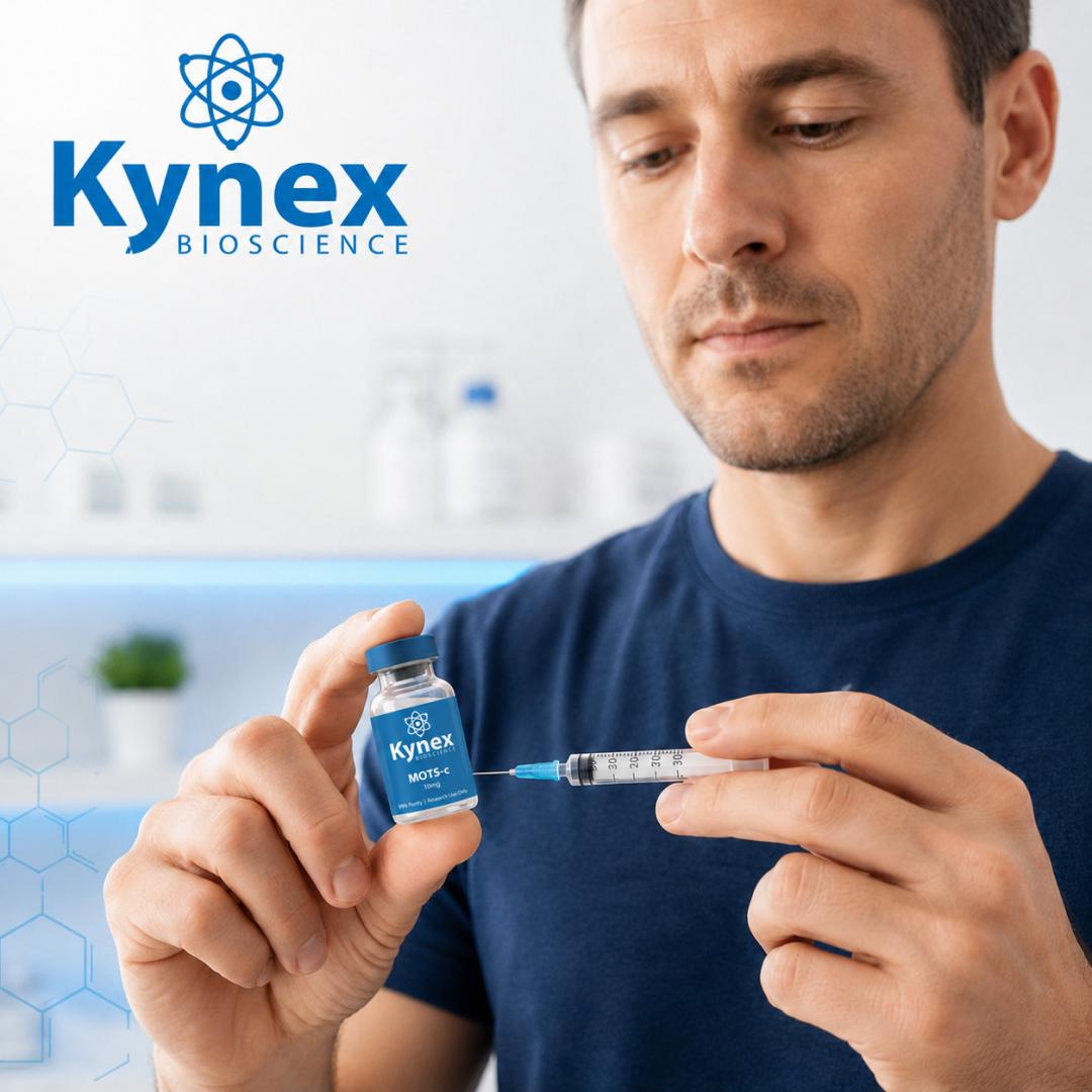 A Kynex Bioscience South African man with a peptide vial and syringe for peptide dosing.