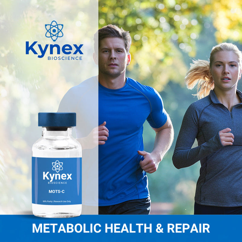 Peptide vials of MOTS-c, SS-31 and NAD+ with text for peptides for metabolic health
