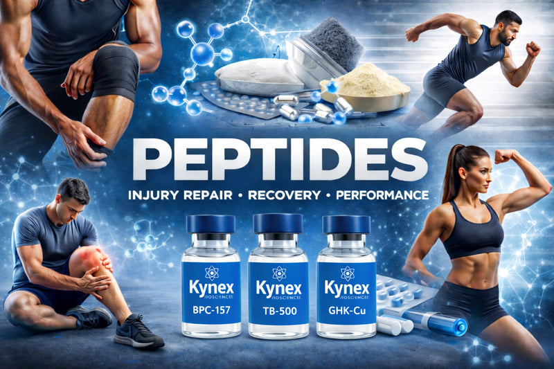 Peptides vials of BPC-157, TB-500, GHK-cu for injury repair, recovery, skin health, hair health and recovery by Kynex Bioscience South Africa