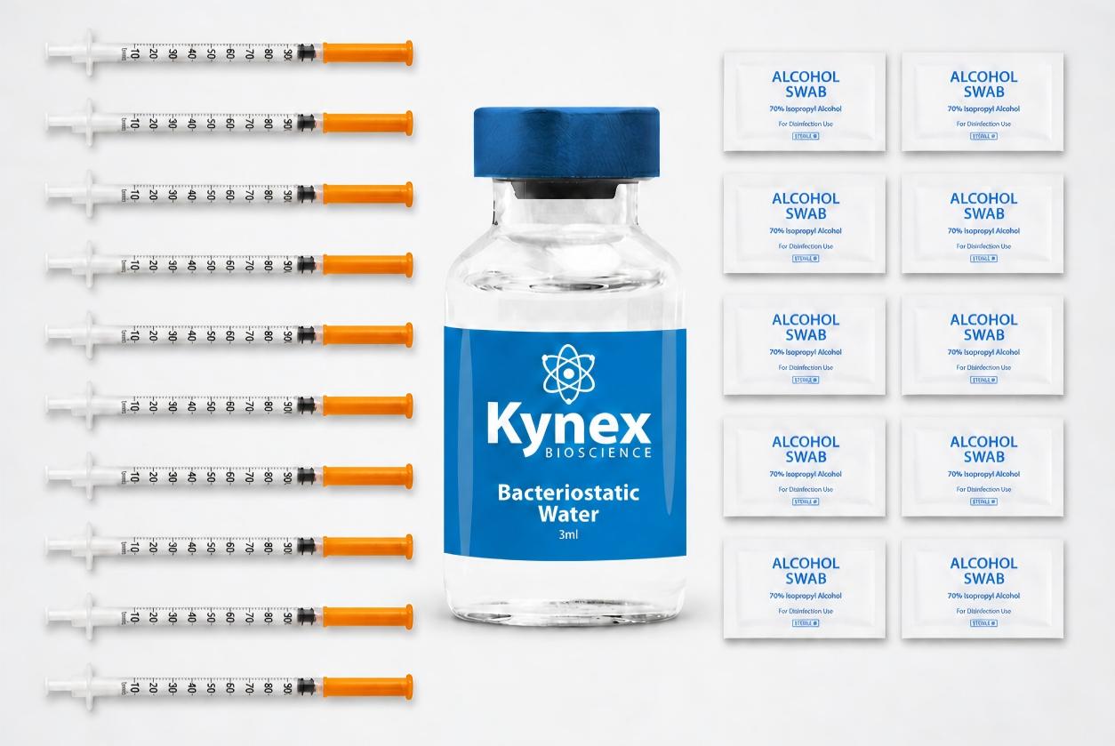 Peptide starter kit from Kynex Bioscience, South Africa, consisting of bacteriostatic water vial, insulin syringes and alcohol swabs