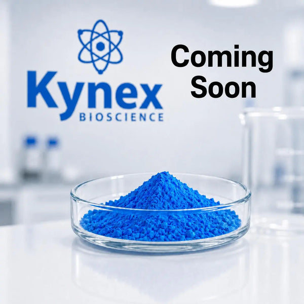 Blue copper tripeptide powder for cosmetic use in glass holder for sale from Kynex Bioscience South Africa