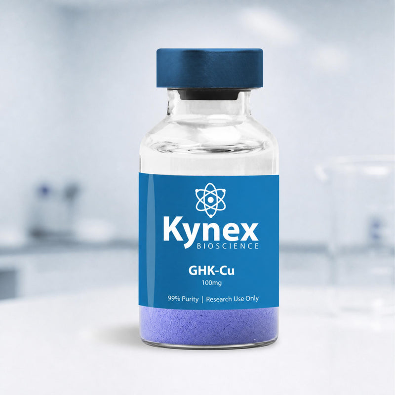 Kynex Bioscience peptide vial with purple GHK-Cu powder and a blue label