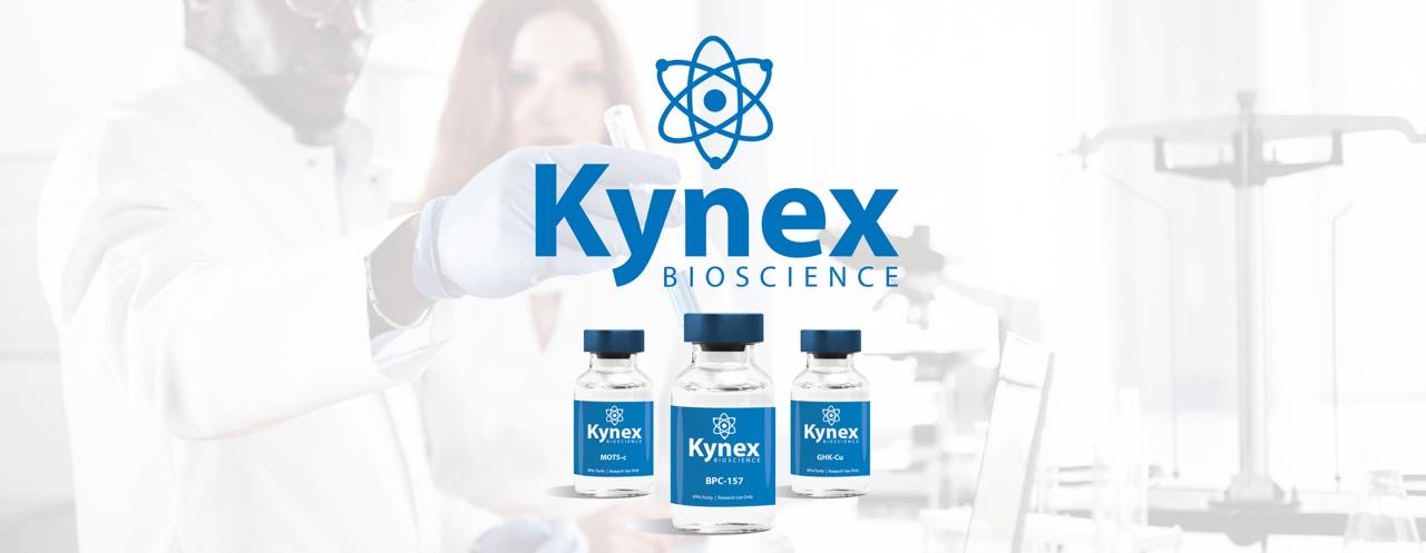 Kynex Bioscience logo with bottles and a person in a lab coat on a white background with peptide vials South Africa.